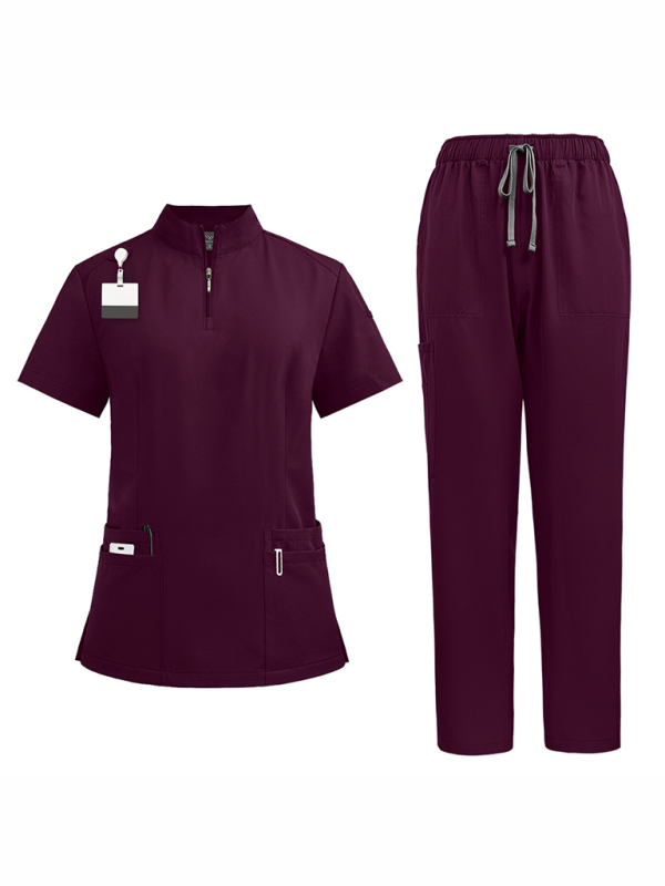 Hospital collar zipper - straight pants solid color uniform (Purple)