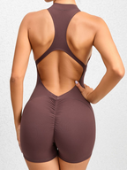 Tight Zippered One-Piece Quick-Drying Fitness Jumpsuit (Brown)
