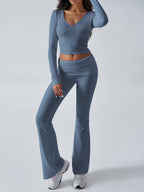 Slim Fit Knit Long Sleeve Fitness Two-Piece Set (Blue Grey)