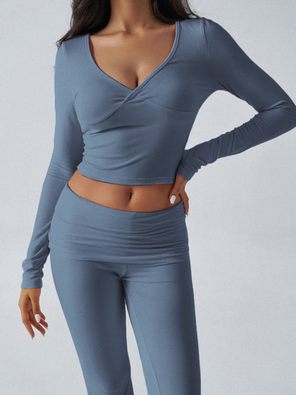 Slim Fit Knit Long Sleeve Fitness Two-Piece Set (Blue Grey)