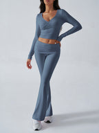 Slim Fit Knit Long Sleeve Fitness Two-Piece Set (Blue Grey)