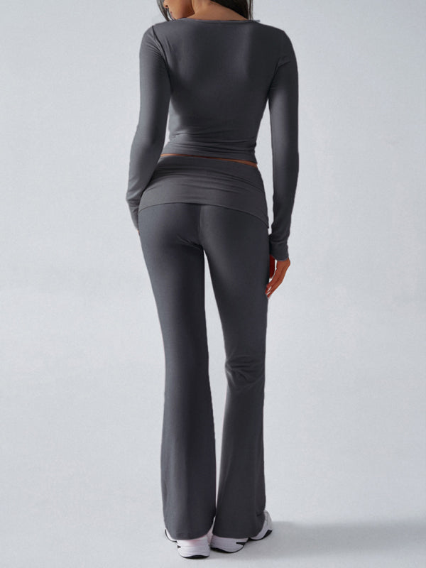 Slim Fit Knit Long Sleeve Fitness Two-Piece Set (Charcoal Grey)