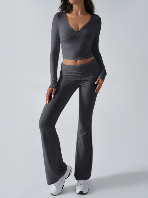 Slim Fit Knit Long Sleeve Fitness Two-Piece Set (Charcoal Grey)