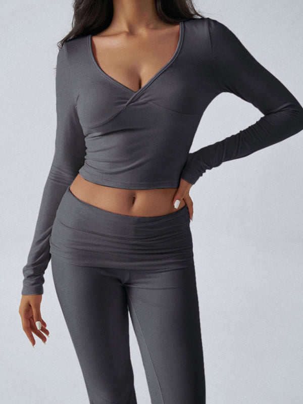 Slim Fit Knit Long Sleeve Fitness Two-Piece Set (Charcoal Grey)