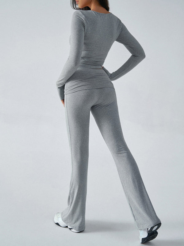 Slim Fit Knit Long Sleeve Fitness Two-Piece Set (Grey)