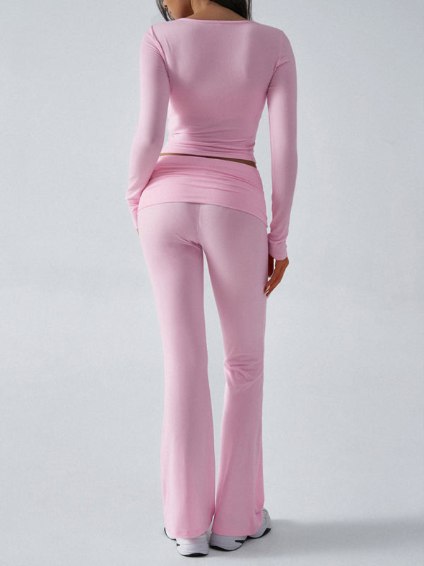 Slim Fit Knit Long Sleeve Fitness Two-Piece Set (Pink)