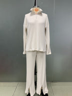New women's solid color zipper knitted suit high collar ribbed home wear two-piece suit