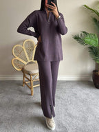 New women's solid color zipper knitted suit high collar ribbed home wear two-piece suit