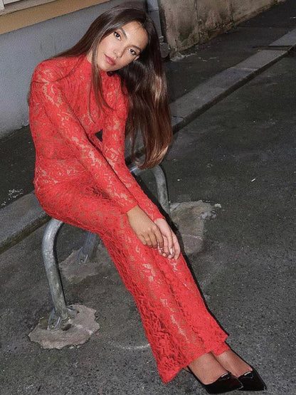 New sexy hollow lace pattern see-through dress
