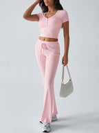 Women's Y2K sports casual style U-neck T-shirt trousers knitted two-piece suit