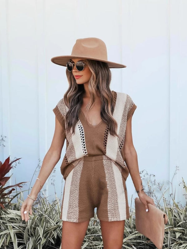 Women's casual shorts + V-neck sweater two-piece set