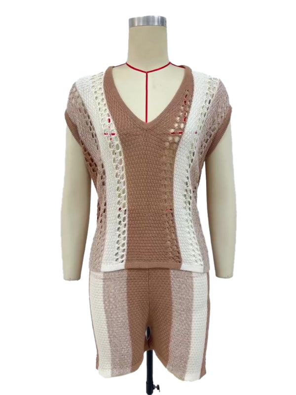 Women's casual shorts + V-neck sweater two-piece set