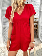 Bohemian casual solid color sexy hollow short-sleeved jumpsuit