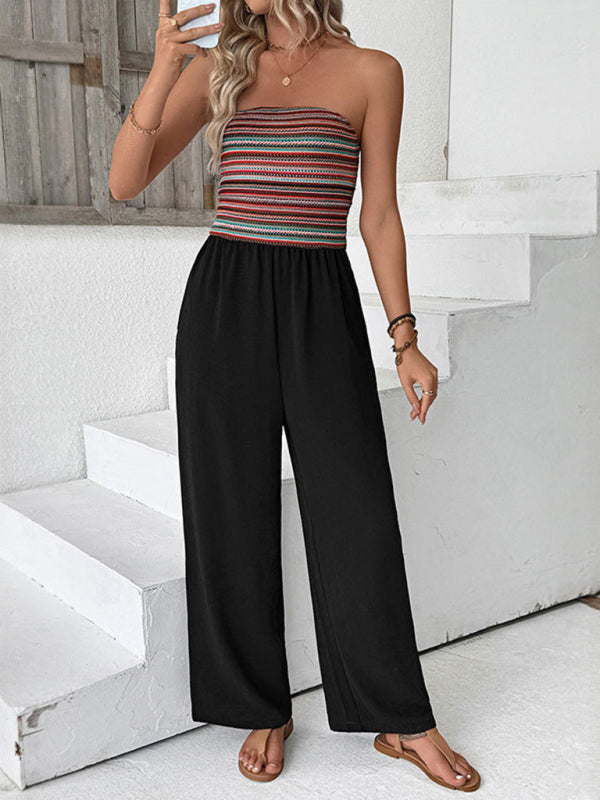 Casual simple jumpsuit elastic stitching striped jumpsuit