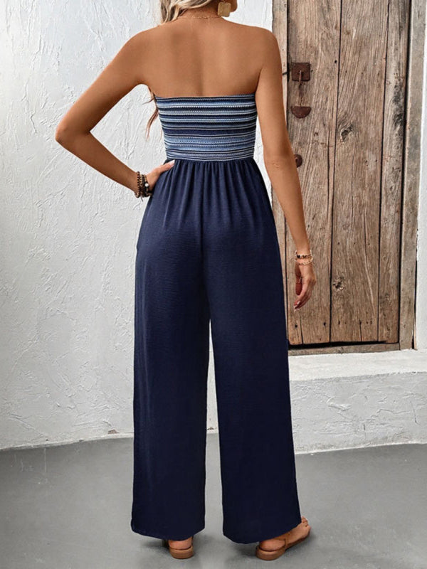 Casual simple jumpsuit elastic stitching striped jumpsuit