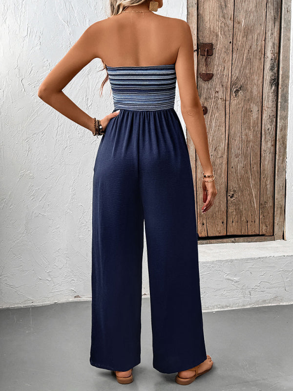 Casual simple jumpsuit elastic stitching striped jumpsuit