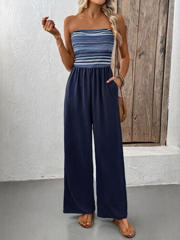 Casual simple jumpsuit elastic stitching striped jumpsuit
