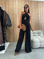 Solid color sleeveless off-shoulder sexy halter neck waist jumpsuit