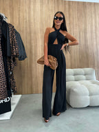 Solid color sleeveless off-shoulder sexy halter neck waist jumpsuit