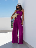 Solid color sleeveless off-shoulder sexy halter neck waist jumpsuit