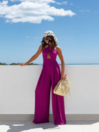 Solid color sleeveless off-shoulder sexy halter neck waist jumpsuit