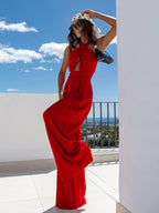 Solid color sleeveless off-shoulder sexy halter neck waist jumpsuit