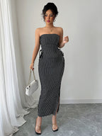 Elegant striped strappy tube top hip skirt suit