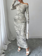 Off-shoulder long-sleeved hip skirt set