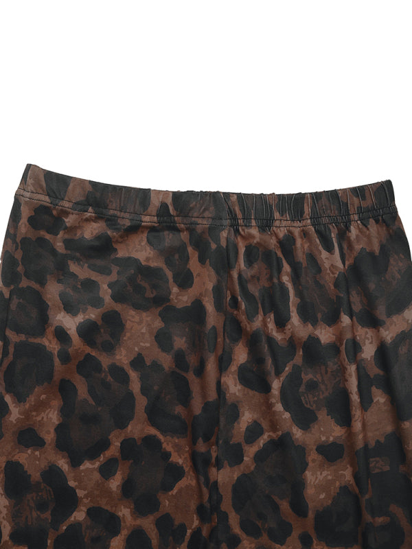 Women's round neck sexy hip-wrapped two-piece suit long sleeve leopard print slim fit slit sett