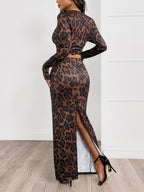 Women's round neck sexy hip-wrapped two-piece suit long sleeve leopard print slim fit slit sett