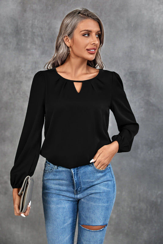 Solid Classic Casual Gathered Long Sleeve Shirt