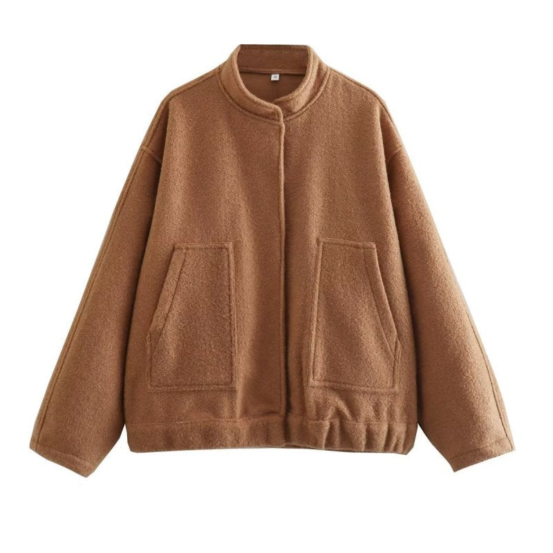 Loose casual jacket street stand collar concealed button jacket