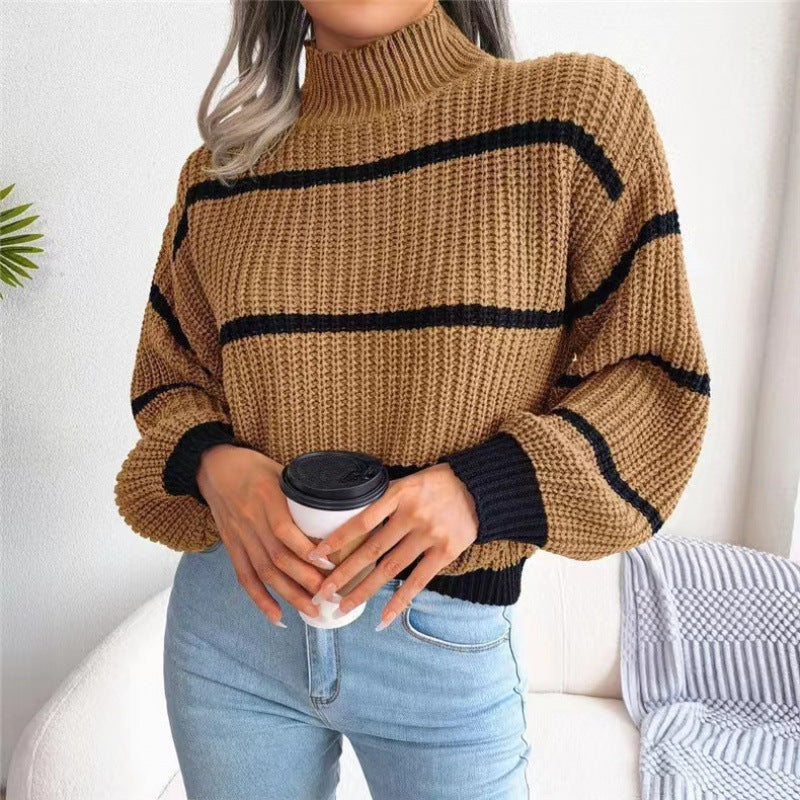 Women's Casual Striped Balloon Sleeve Turtleneck Sweater