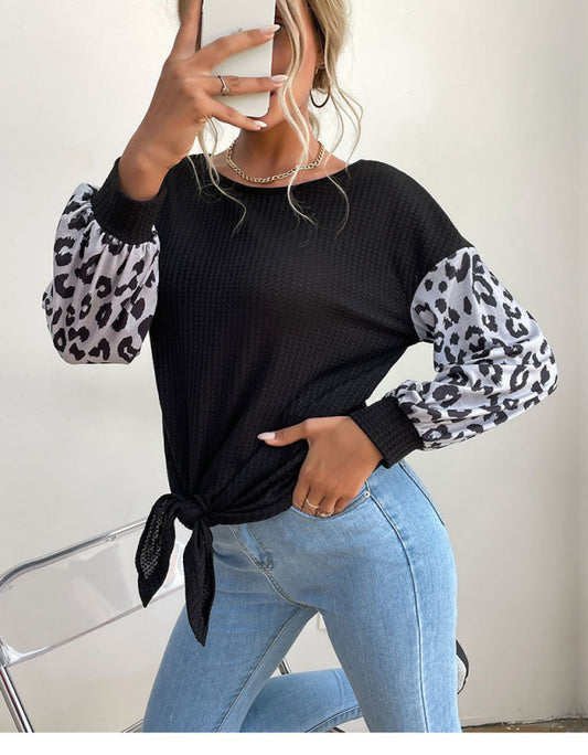 Round Neck Long Sleeve Panelled Leopard Print Black Knit Sweater
