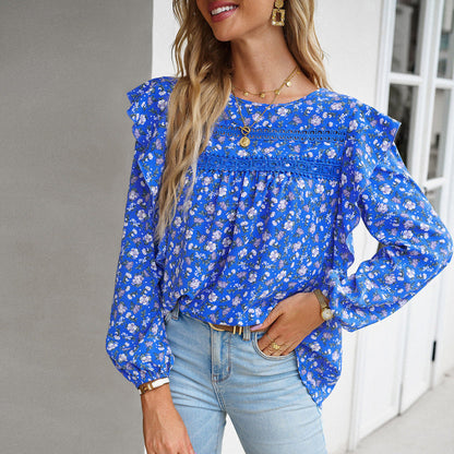 New women's round neck floral long-sleeved top