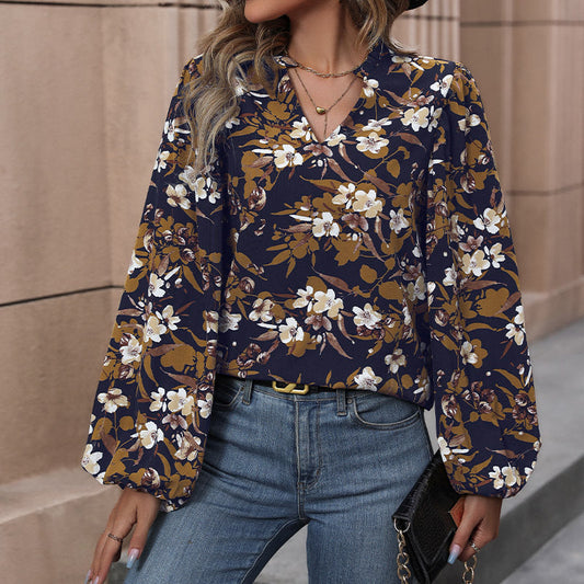 Women's new floral V-neck floral print long-sleeved French retro shirt