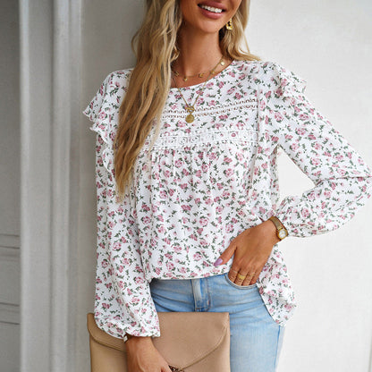 New women's round neck floral long-sleeved top