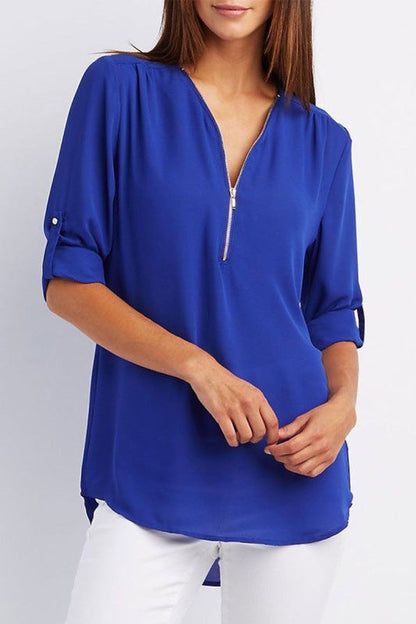 V-neck zipper large size women's long-sleeved pull-sleeve loose commuter chiffon shirt