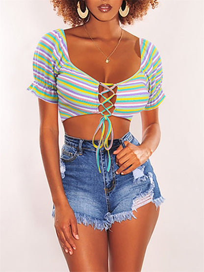 Women's Sexy Short Sleeve Rainbow Cropped T-Shirt