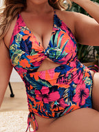 Plus Size Women-Printed Push-up Hollow One-Piece Swimsuit (C)