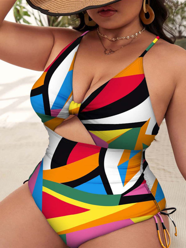 Plus Size Women-Printed Push-up Hollow One-Piece Swimsuit (B)