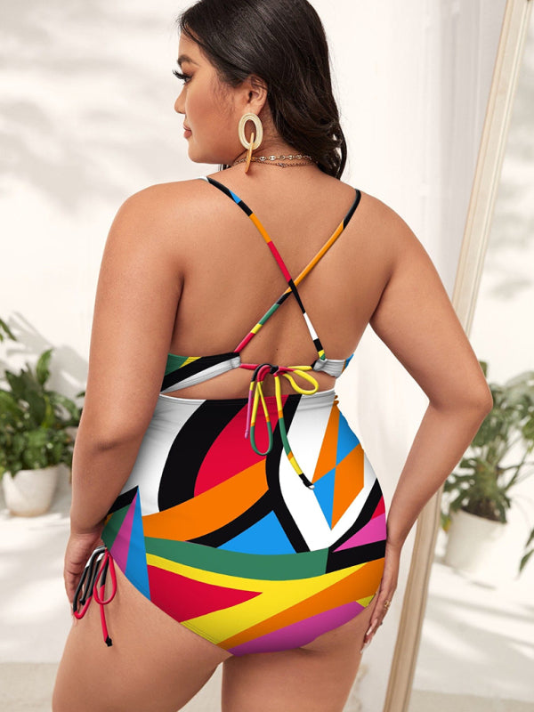 Plus Size Women-Printed Push-up Hollow One-Piece Swimsuit (B)