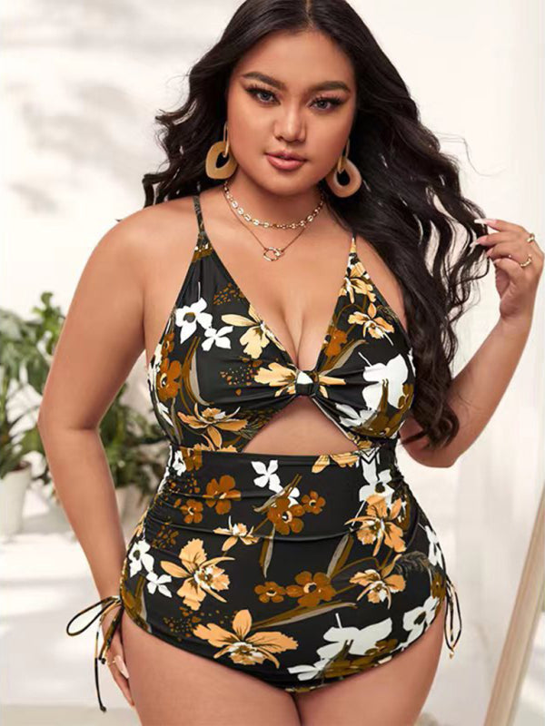 Plus Size Women-Printed Push-up Hollow One-Piece Swimsuit (D)