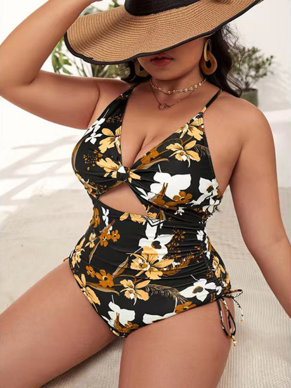 Plus Size Women-Printed Push-up Hollow One-Piece Swimsuit (D)