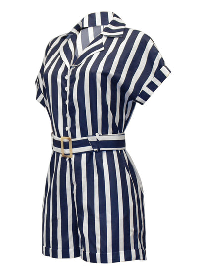 Women's Woven Stripe Short-Sleeve Lapel Casual Rompers