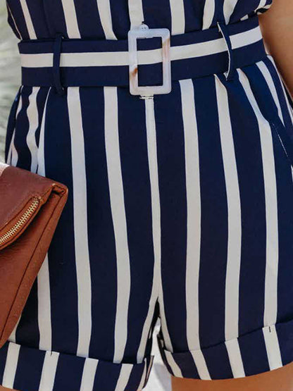Women's Woven Stripe Short-Sleeve Lapel Casual Rompers