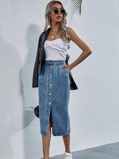 Women's Fashion High Waist Single Breasted Denim Skirt