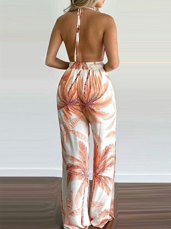 Women's Irregular Printed Halter Neck Jumpsuit