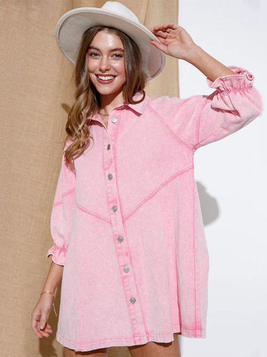 Women's Casual Loose Denim Balloon Sleeve Long Sleeve Dress