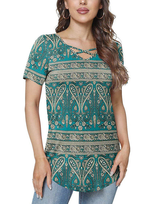 Women's knitted casual ethnic style V-neck short-sleeved T-shirt